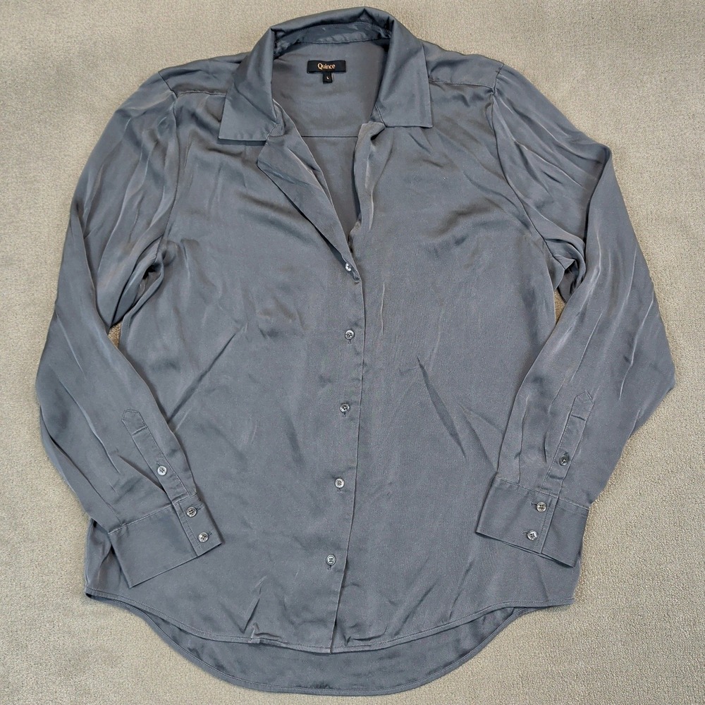 Quince Blouse Womens Large Gray Washable Stretch Silk Notch Collar Button Down